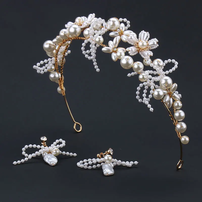 

Bride Jewelry Set Headdress New Crown Earrings Wedding Super Fairy Veil Hair Accessories Pearl Headband Handmade Beads Headwear