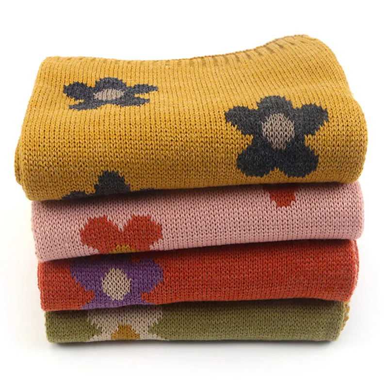 Warm Knitted Girls Kids Scarf Winter Flower Scarves Acrylic Yarns Cute Style Yellow Pink Purple Green Beige