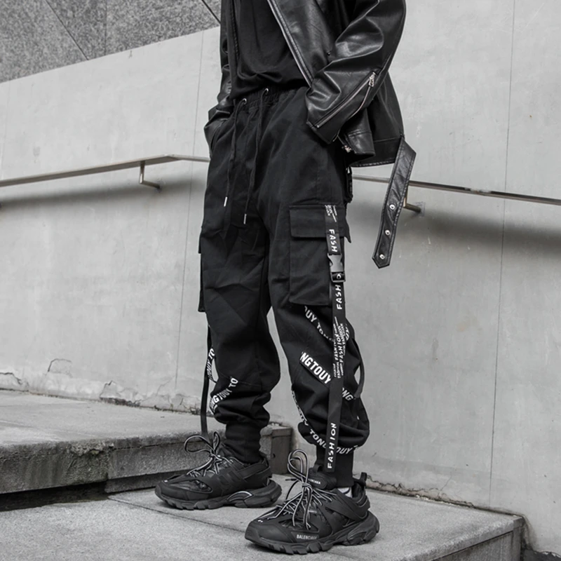 Осенние мужские повседневные штаны джоггеры черные повседневные ленты накладные карманы шаровары мужские брюки хип-хоп хлопковые брюки ABZ543