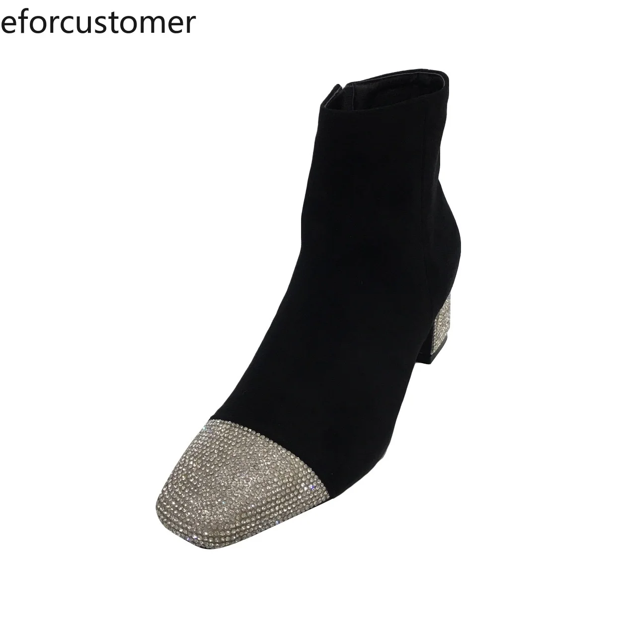 

Womens Heeled Short Tube Martin Boots Square Toe Block Chunky Side Zipper Rhinestones High Heels Fashion Dress Party Shoes