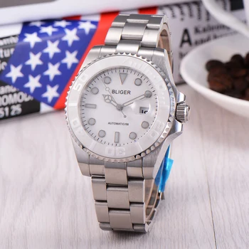 

BLIGER 40MM Mens Simple Fashion White Dial Ceramic bezel date Automatic mechanical Watch Sapphire waterproofLuminous man watches