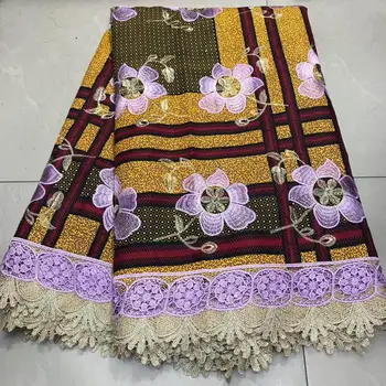 

New Ankara Wax Lace Fabric Cotton Embroidery Wax with Lace Materials Nigerian African Fabric Wax Print for Dress Wedding 6 Yards