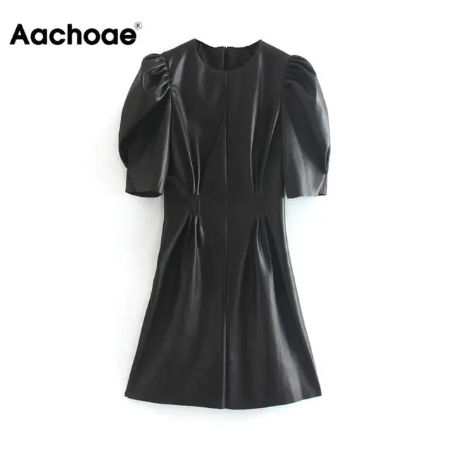 US $16.98 Aachoae Faux Leather Dress Women Sexy Club Puff Short Sleeve Bodycon Party Dress Vintage Pleated Tu