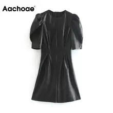 Giả Da Đầm Sexy Câu Lạc Bộ Phồng Nữ Tay Ngắn Ôm Body Đầm Dự Tiệc Vintage Xếp Ly Áo Thun Đen Mini Vestidos(China)