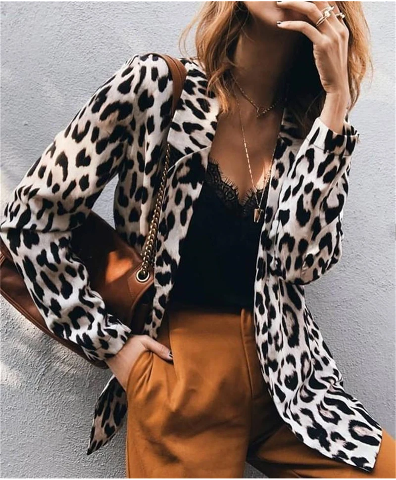 Модный женский леопардовый блейзер из органической кожи, элегантный кардиган с длинным рукавом, Женское пальто, осенняя Женская куртка, женская уличная одежда размера плюс