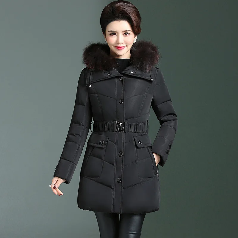Middle-aged Women Dress Winter New Style Middle-aged down Jacket Women's Mid-length Thickening Large Fur Collar Slim Fit Large S