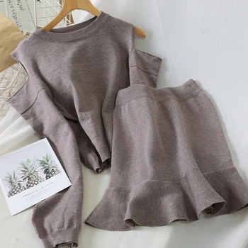 

2020 fashion women sets two piece off shoulder sweater pullovers and ruflle solid mini skirts office lady elegant skirts suits