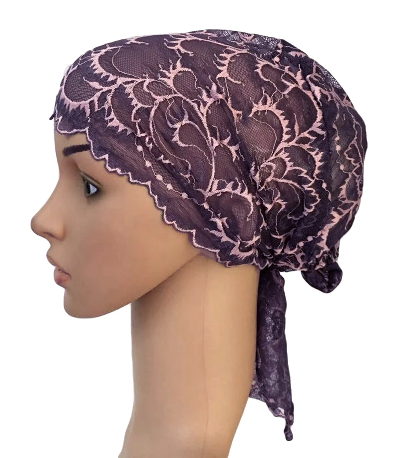 Dark Purple Pink Новая женская мусульманская внутренняя шляпа индийская шапочка выпадение волос кружевная Шапка-тюрбан исламский головной платок Исламская химиотерапия Рак головные уборы дамы - Цвет: Dark Purple Pink
