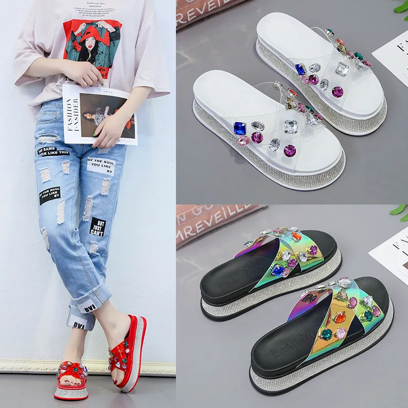 

2019 Summer New Transparent Colored Rhinestone Cross With Open Toe Sandals Outdoor Wearing Women's Slippers Calzado Mujer