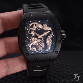 

Classic New Red Rubber Men Watch Sapphire Automatic Mechanical Black Case Dragon Tourbillion Skeleton Rose Gold Watches