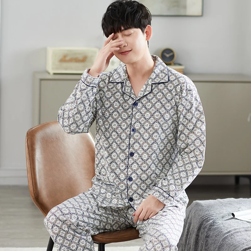 Man Pajamas Set Men Pyjama Set Full Cotton Spring Long Sleeve Print Men Pajama Suit Autumn Nightwear Collar Pijama Male Sleepwear Two Piece 4XL