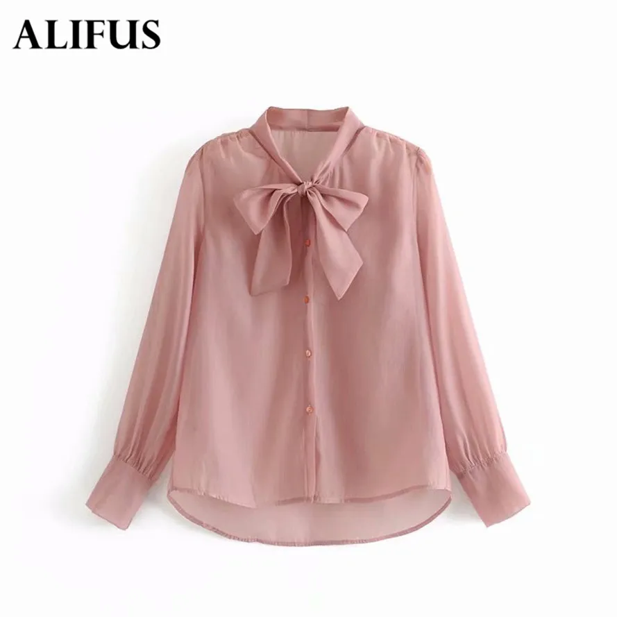 

Fashion Za Elegant Bow Tie Women Shirt Spring Autumn Ladies Solid Long Sleeve Chiffon Shirts Casual Blouses Casual Tops Blusas