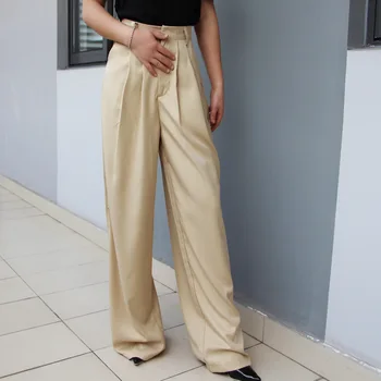 

Pure Color Loose Zipper Women Wide Leg Pants Casual Pockets Palazzo Pants High Waist Full Length Summer Trousers