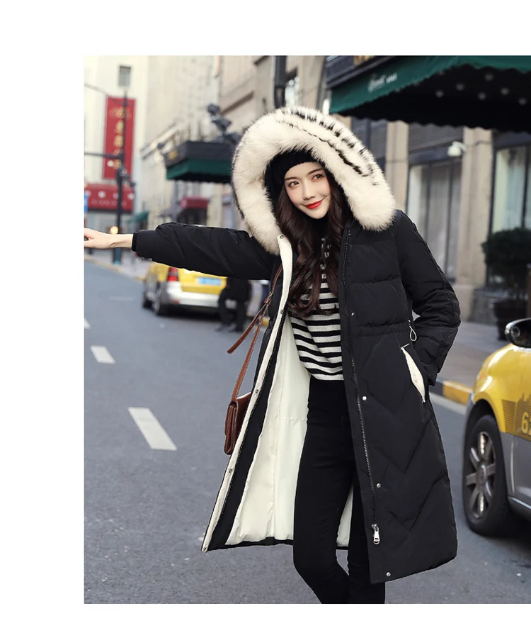 Fashion Long Sleeve Mid-length down Jacket Winter Hooded Zipper Hooded Casual