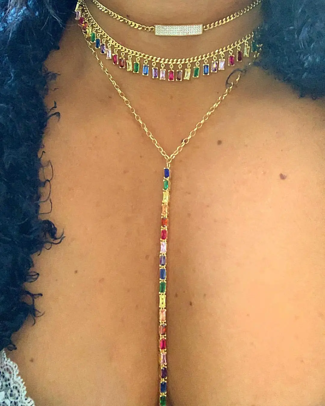 

fashion Gold color Rainbow colorful baguette cubic zirconia long drop CZ Y shape women multi layer bar pendant choker necklace