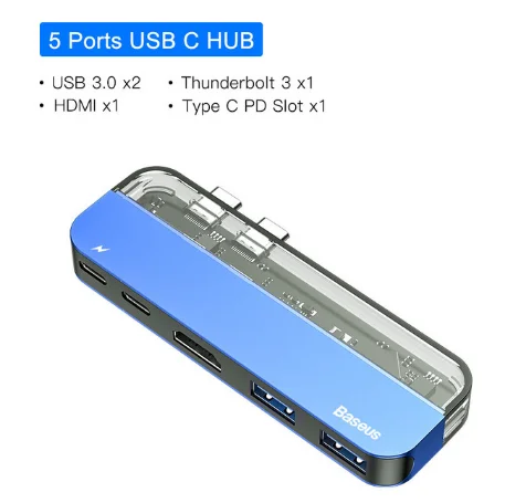 Baseus Thunderbolt 3 Dock USB Type C to HDMI HUB Adapter for MacBook Samsung Dex Galaxy S10/S9 USB-C Converter Thunderbolt HDMI - Color: Blue 5 in 1 USB HUB