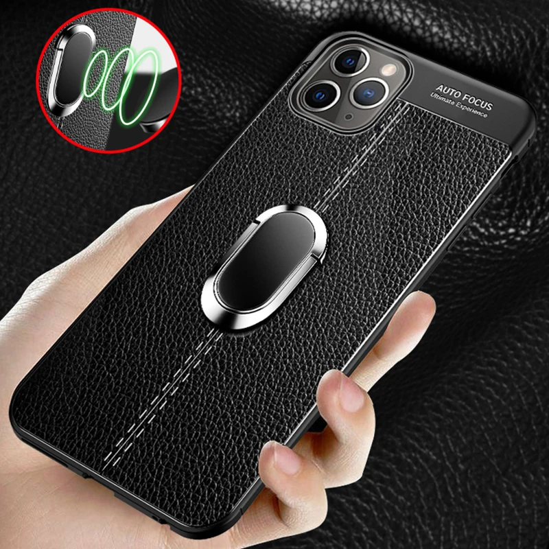 For iPhone 11 Pro XR Max Case Imitation leather Magnetic Ring Bracket Back Cover X XS 7 8 6 6s Plus Coque | Мобильные телефоны и