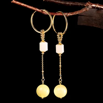 

Fashion national style clothing wild earrings S925 silver jewelry gold-plated women's beeswax Hetian jade earrings