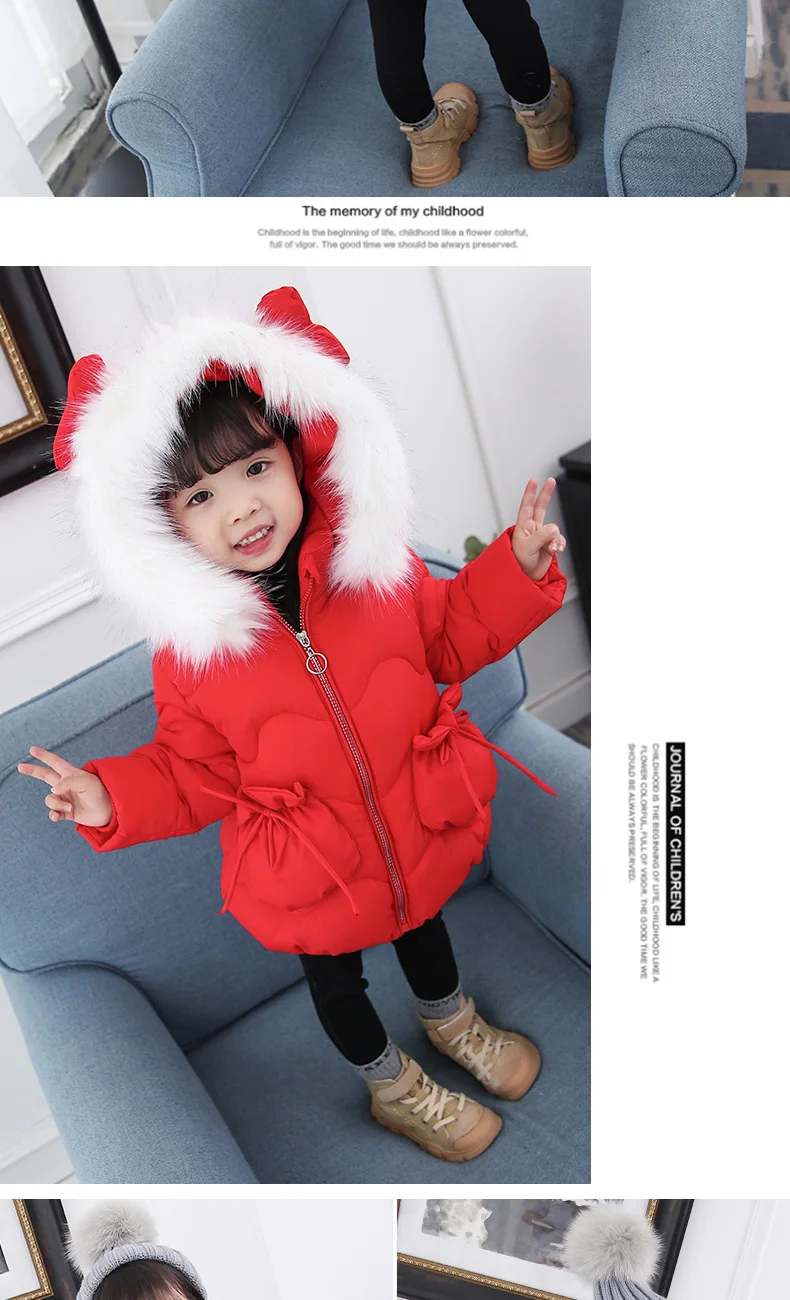 Children Girls Winter Fashion Warm Thick Cotton Down Jackets With Fur Hat Kids Wadded Parkas Baby Girls Clothes Outwear V25