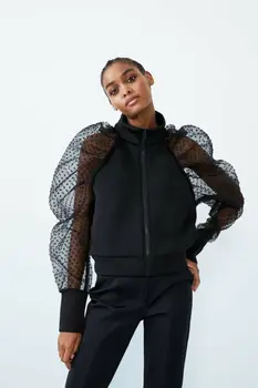 

Women's Polka Dot Sheer Mesh Long Puff Sleeve Shirt Tops Blouse Zipper Coat