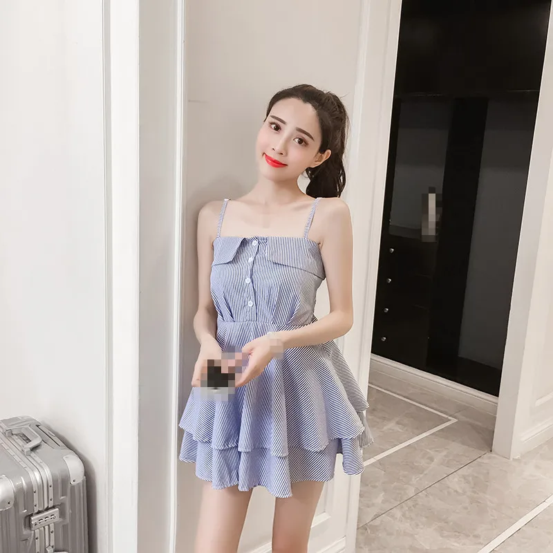 

B4176 2019 New summer Korean version women fashion sexy backless bow show slim stripe dress cheap wholesale