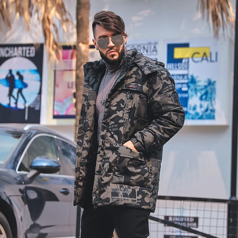 YR19-808 Camouflage Зимние новые трендовые мужские камуфляжные пуховые пальто большого размера, толстые теплые мужские ветрозащитные пальто с отстегивающимся капюшоном на белом утином пуху - Цвет: YR19-808 Camouflage