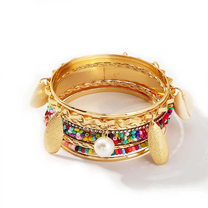 

Bohemian Women Shell Bracelets Sets 2019 Fashion Ethnic Beaded Gold Color Luxurious Charm Bangles Lovers New 2019 Gift Party