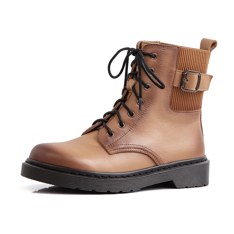Brown Leather Lining ROBESPIERE; женские зимние ботинки; обувь в стиле ретро из натуральной кожи на шнуровке; популярные теплые плюшевые ботильоны на платформе в европейском стиле с пряжкой; B153 - Цвет: Brown Leather Lining