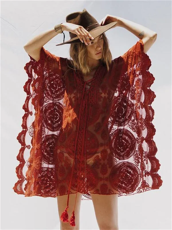 

Sexy Lace Bikini Cover-ups See Through Rust Red Scallop Edge Plus Size Swimwear Summer Beach Dress Bat Sleeve Women Beach Wear