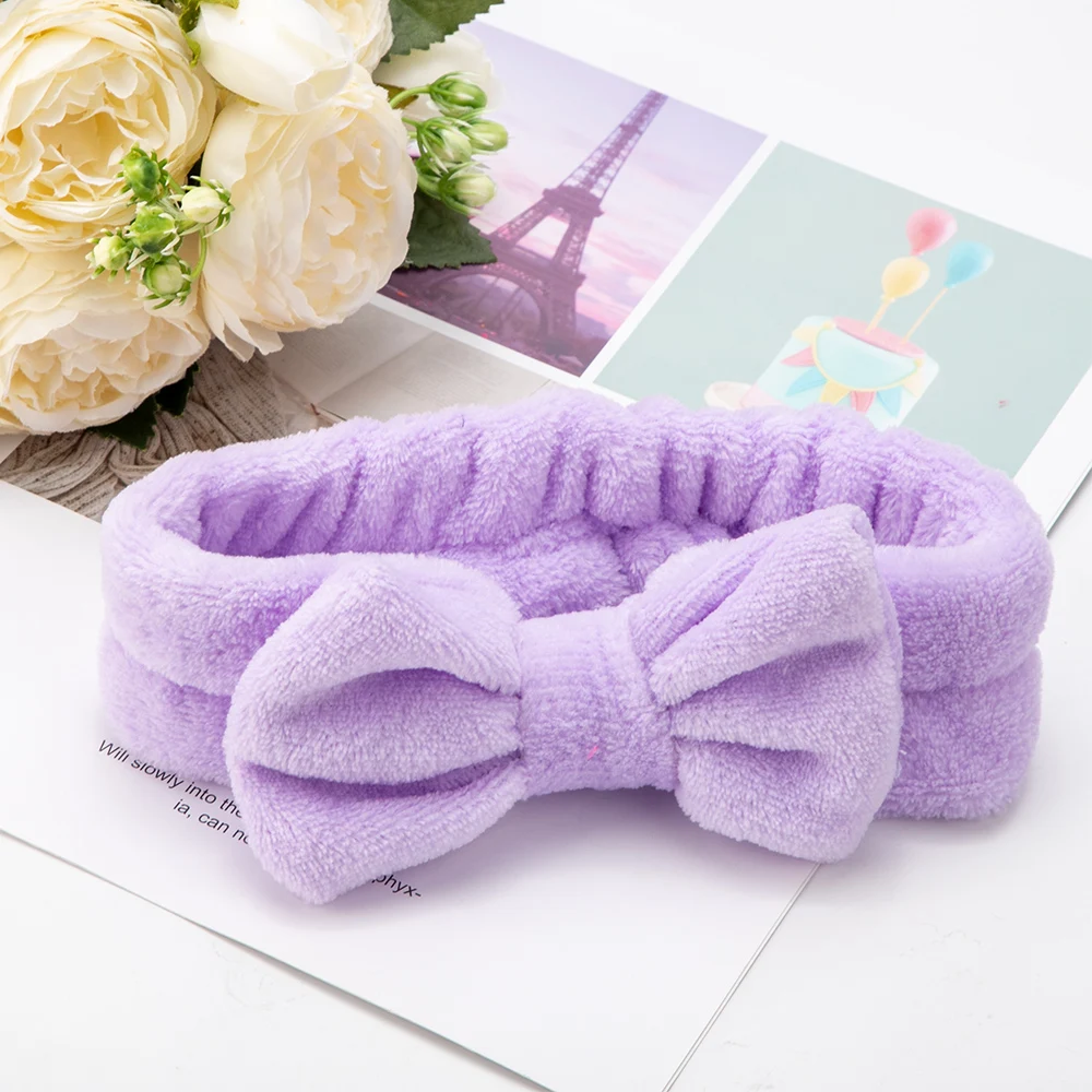 purple Мягкие Аксессуары для волос, повязки на голову, милые повязки на голову для девушек и женщин из кораллового флиса с бантом, растягивающиеся повязки для волос, повязка на голову для мытья лица - Цвет: purple