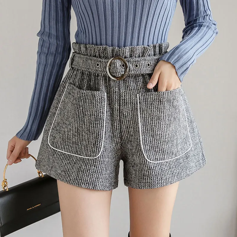 Trytree Autumn Winter woman Casual Shorts Loose Belt Pockets High waist Solid 3 Colors Fashion All-Purpose Style Short - Цвет: Gray