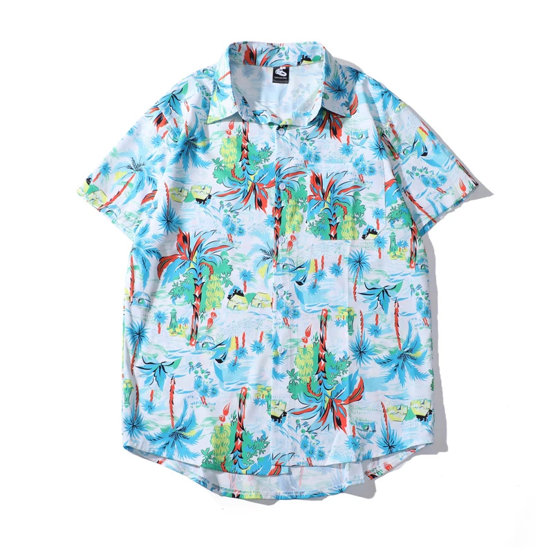 

Light Blue Color Coconut Palm Tree Print Aloha Shirt for Men Summer Holiday Men's Button Up Short Sleeve Hawaii Shirts Plus Size