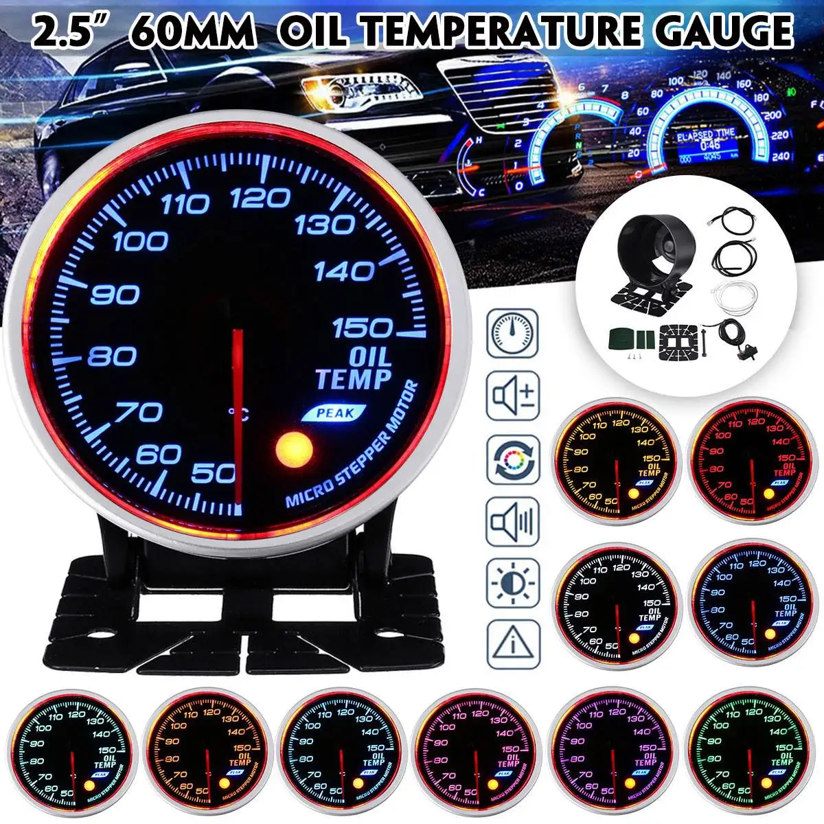 2.5" 60mm Universal Car LED Gauge Turbo Boost Gauge Bar PSI Water Temp Oil Pressure Temp Tachometer Volt Exhaust Gas Air Fuel - Цвет: Oil Temp Gauge