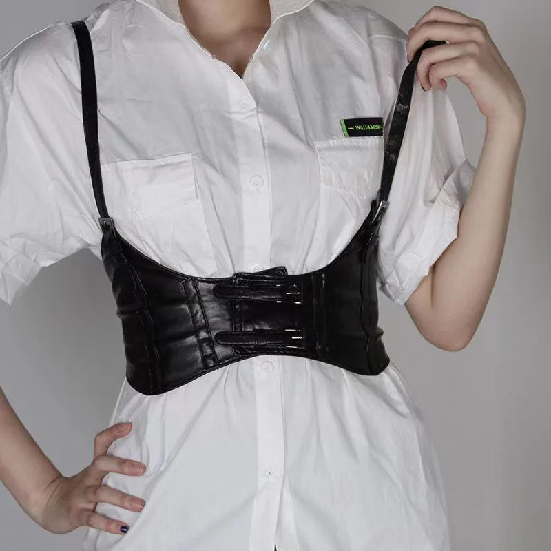 Fashion Ultra-Wide Sling Style Girl Girdle Pu Leather Elastic Corset Decorative Women's Dreasts With Shirt Skirts Belt