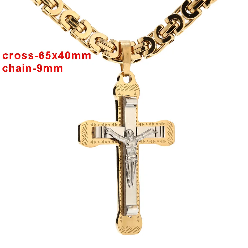 Gold tone Cross Christ Jesus Pendant Necklace Stainless Steel Figaro Chains Necklace Catholic Jesus Necklace With 24'' Chain