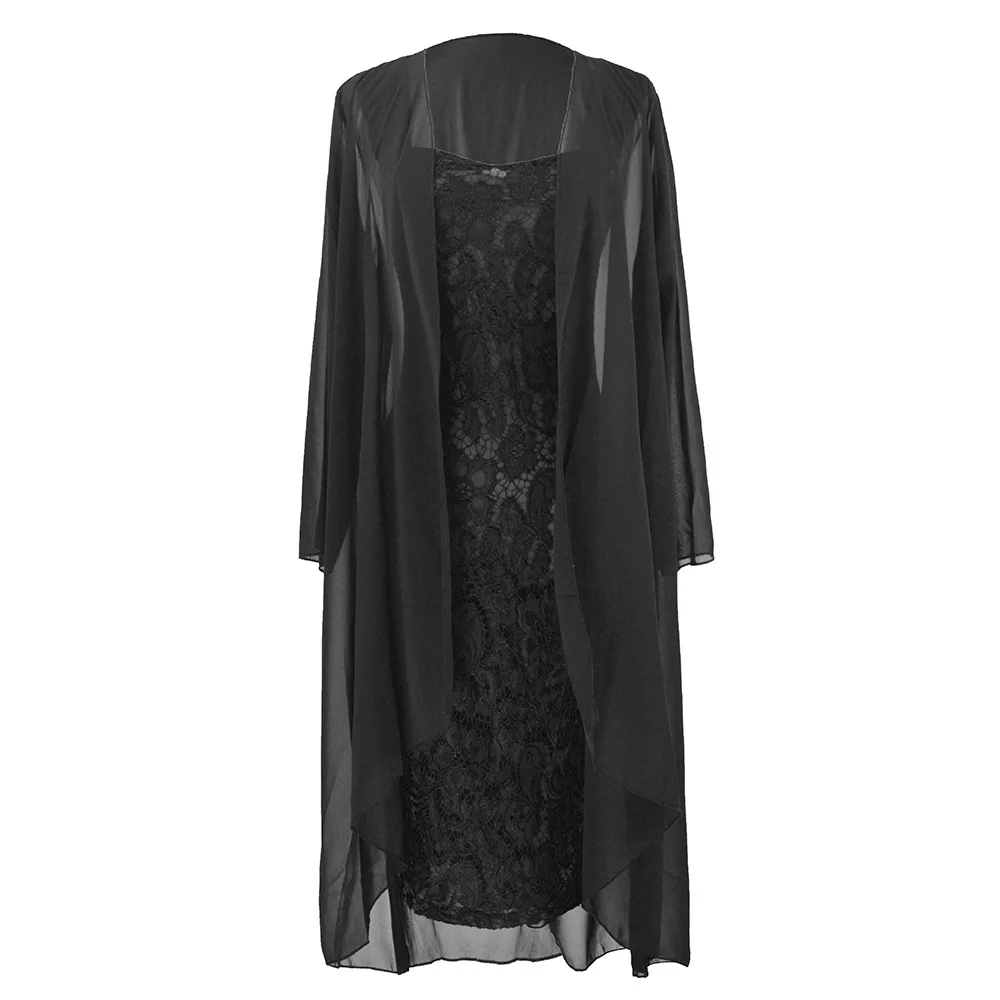 W17-BLACK Женские платья, осенняя мода, элегантное кружевное шифоновое платье из двух частей, женская одежда средней длины - Цвет: W17-BLACK