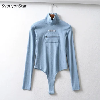 

SyouyonStar Women Long Sleeve Solid Color Bodysuits Elastic Turtleneck Jumpsuits Zipper Pockets Womens Overalls Bodysuit 2019