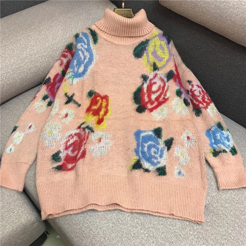 

Autumn Winter Retro Rose Flower Ink Painting Turtle-Neck Pullover Sweater Women's Lazy Wind Mohair Colour Block Knit Top Sweater