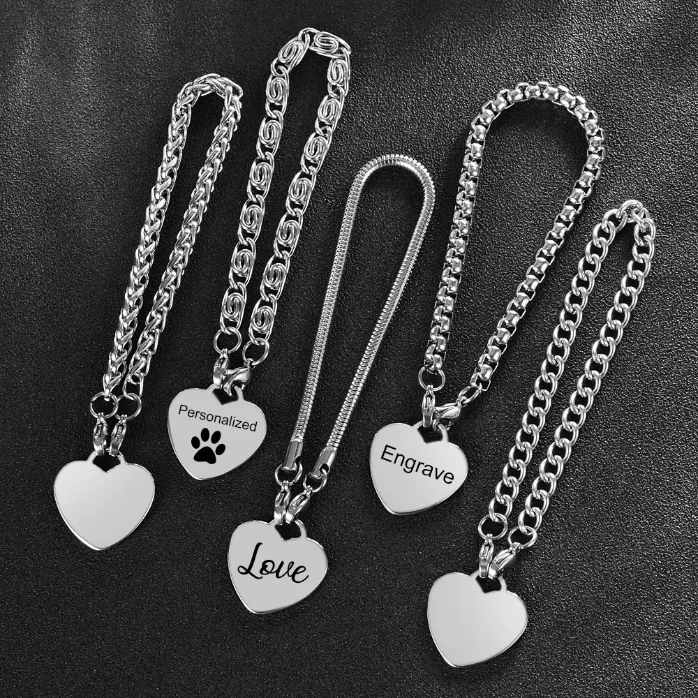 

Custom Stainless Steel Name Bangles Men Jewelry Heart Charm Bracelets for Women Photo engrave Silver Color Chain Bracelet SL-138