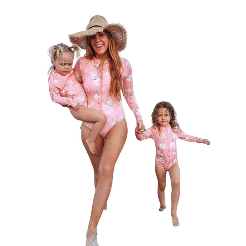 Parent-Child Floral Printed One-piece Swimsuit Long Sleeve Front Zipper Swimwear Sun-proof Diving Suit Beachwear Girls Bikini