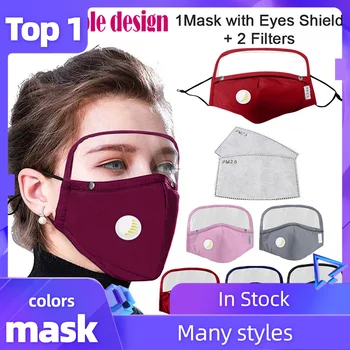 

Detachable Breathing Valving Face Mask With Eyes Shield + 2 FiltersGasket Windproof Foggy Haze Pollution mascarilla Mouth Mask