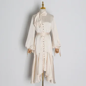 

HIGH QUALITY New 2020 Fashion Designer Runway Dress Women's Bow collar Lantern Sleeve Sashes Ribbons Asymmetrical shirt Dress