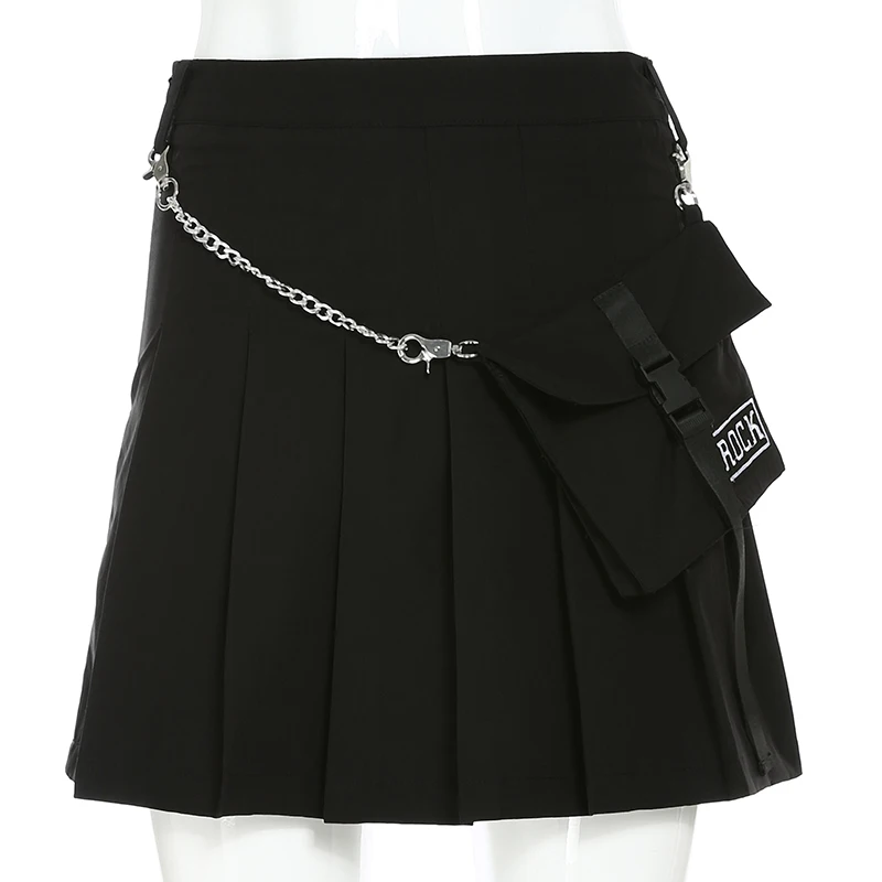 Weekeep металлическая цепь Лоскутная юбка женская черная высокая талия уличная плиссированная Сексуальная Мини трапециевидная юбка