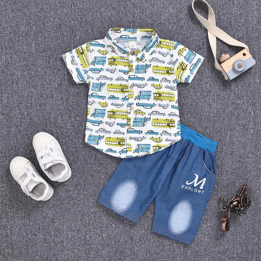 Летний комплект для маленьких мальчиков короткая футболка с принтом машины