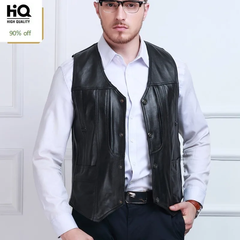 

Top Quality Mens Genuine Leather Sleeveless Jacket Male Multi Pockets Pescaria Vest Photograph Camera Waistcoat Plus Size M-5XL