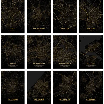 

Black Gold City Map Netherlands DIY Diamond Painting Cross Stitch Rotterdam Amsterdam Breda Eindhoven Diamond Embroidery Decor