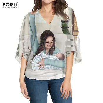 

FORUDEGINS Super Mama Print Pattern Women's Casual Loose Soft Blouse Half Sleeves Female Clothing Ladies Shirt camisas mujer