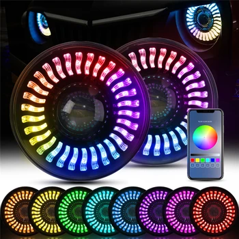 MICTUNING 7 Inch LED Dual Beam Headlight with RGB Flowing Light Halo Angel Eyes DRL Bluetooth Control for Jeep Wrangler JK LJ TL