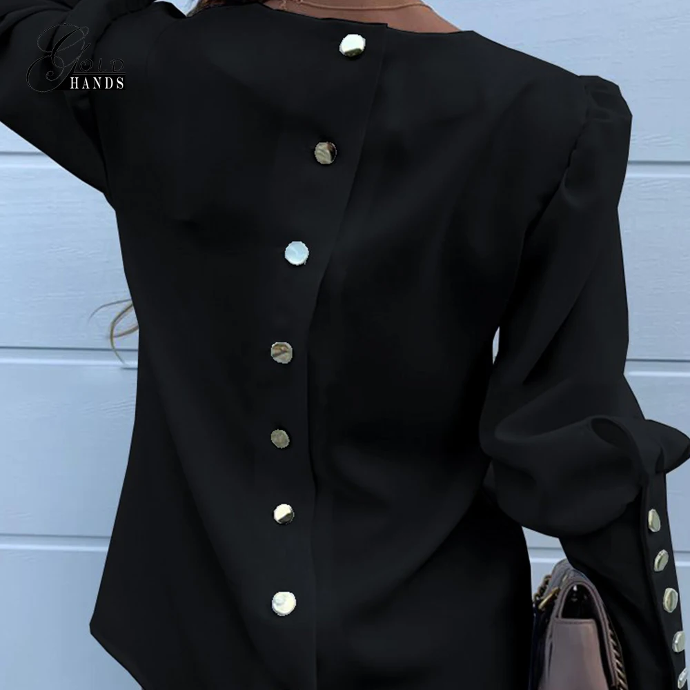 Золотые руки офисная одежда для женщин уличная мода блузки с длинным рукавом сзади металлические пуговицы рубашка повседневное O образным вырезом Твердые Топы Осенняя блузка