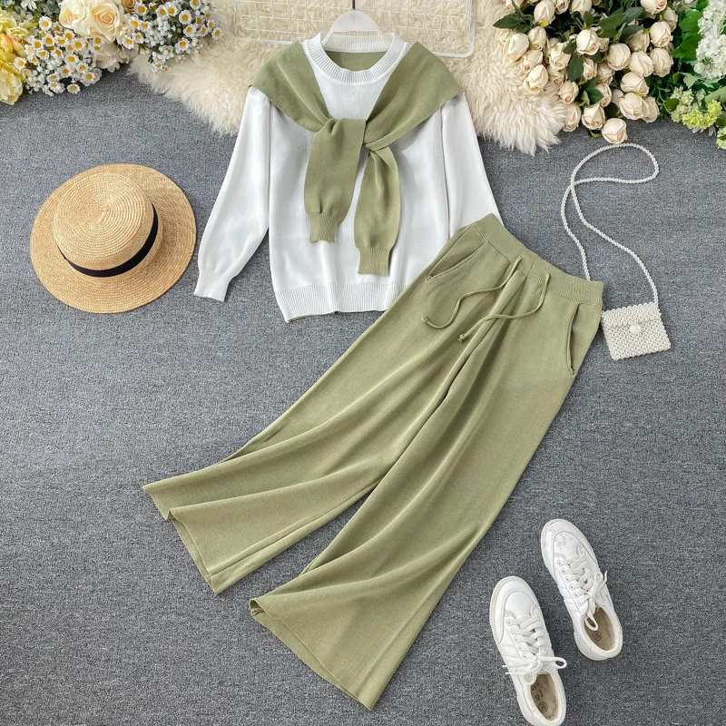 

MVGIRLRU Autumn and Winter Knit Shawl Blouse Set Two-piece Temperament Wide-leg Pants